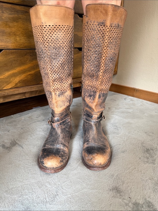 BED|STU Shoes - BED|STU Distressed Tan and Brown Perforated Leather Knee Boots